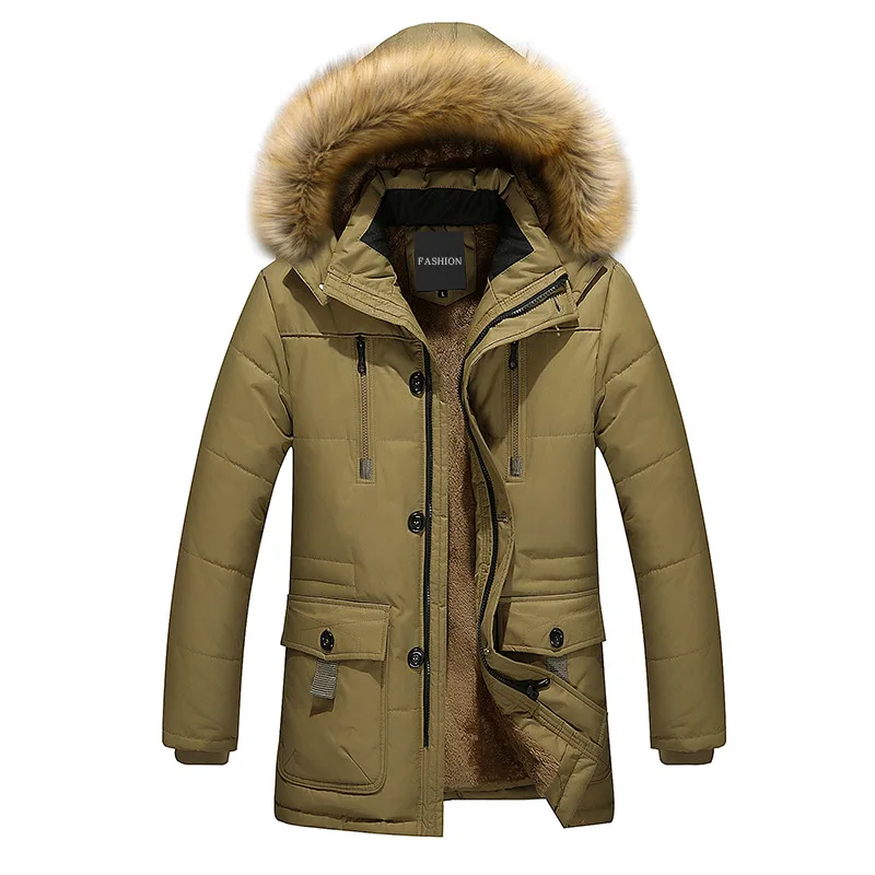 AKSR мужская зимняя куртка, пальто из плотного флиса, теплое зимнее пальто для мужчин с меховым капюшоном и воротником, большой размер, парка, ветровка Casaco Masculino - Цвет: Хаки