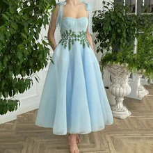 

Thinyfull Baby Blue Short Prom Dresses 2021 Tie Bow Straps Crystals Evening Party Gowns Tea Length Homecoming Dress