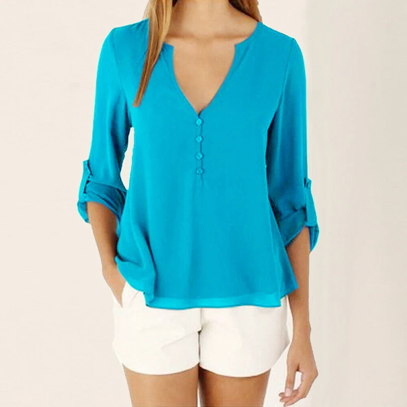

Spring Ladies Office Work Blouse Women Solid V Neck Button Chiffon Shirt Autumn Multicolor Loose Long Sleeve Blouse 2019