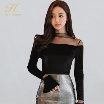 

H Han Queen Elegant Gold Velvet Shirt Women 2020 Spring New Korean Slim Blouses Sexy Black Casual Shirt OL Perspective Top Femme