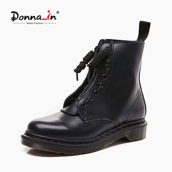 

Donna-in Genuine Leather Women Ankle Boots 2020 Autumn Boots Zip Closure Pointed Toe Platform Boots Short Plush Female Shoes