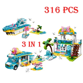 

316Pcs Girls 3 IN 1 Villa Holiday Travel Yacht Ice Cream Truck Model Set Building Blocks Friends Toy For Children Birthday Gift