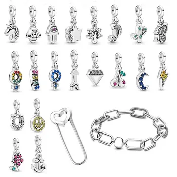 

New 925 Silver Pan Bracelet Me Series Round Head Chain Clasp Pin Tie Pan Bracelet Fit European Charm Bracelets Women Jewelry