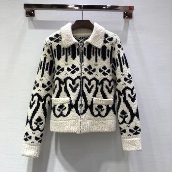 

Spring Knitted Cardigan Coat Women Long Sleeve Zipper Print Cardigan Sweater 2019 Pockets Print Female Coat