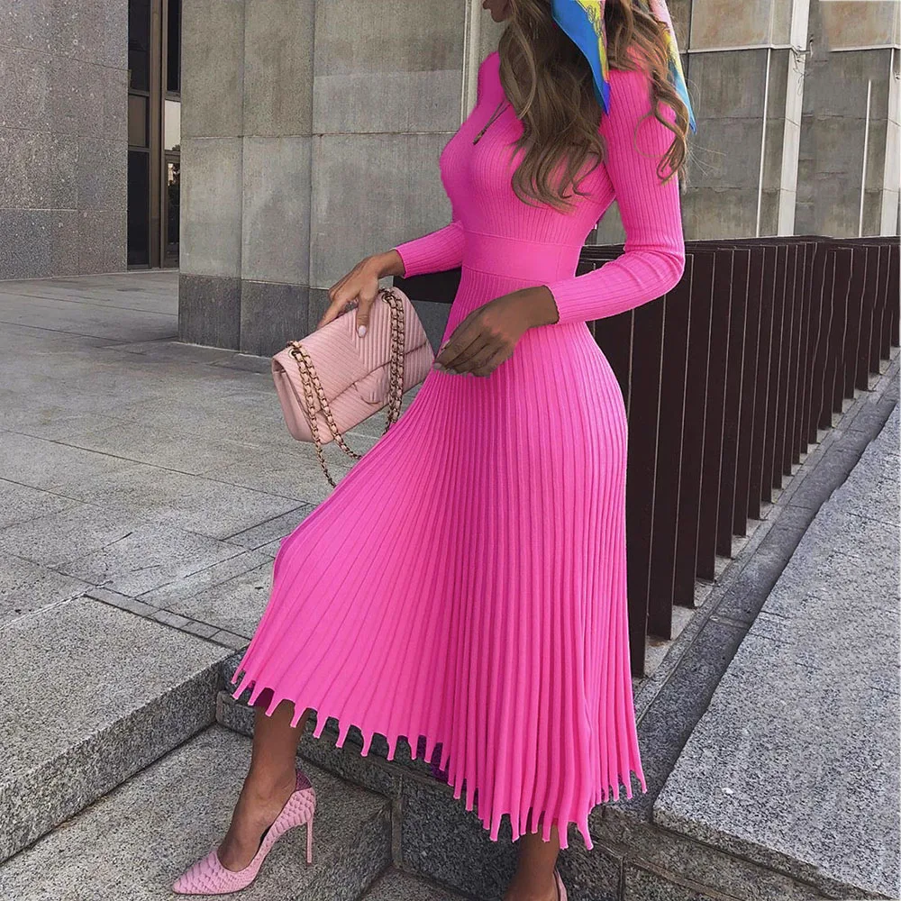 

2019Elegant Party Pleated Sweater Dress Women Winter Autumn Pink Office Ladies Midi Knitted Vestido Sexy Slim Plus Size Dresses