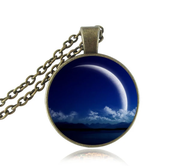 Голубое космическое ожерелье стальная цепочка стеклянный кабошон подвеска с