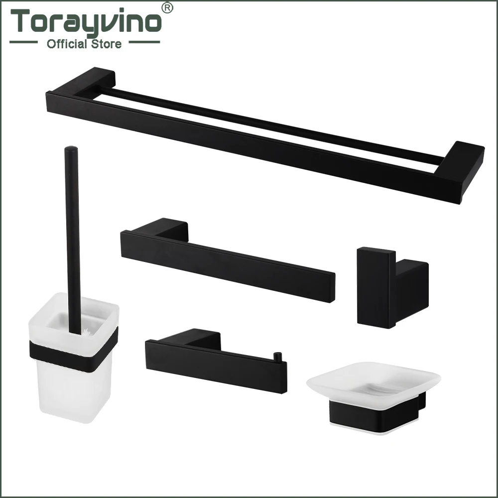 Torayvino 304 Stainless Steel Bathroom Hardware Set Black Matte Paper Holder Toothbrush Holder Toilet Brush Bathroom Accessories