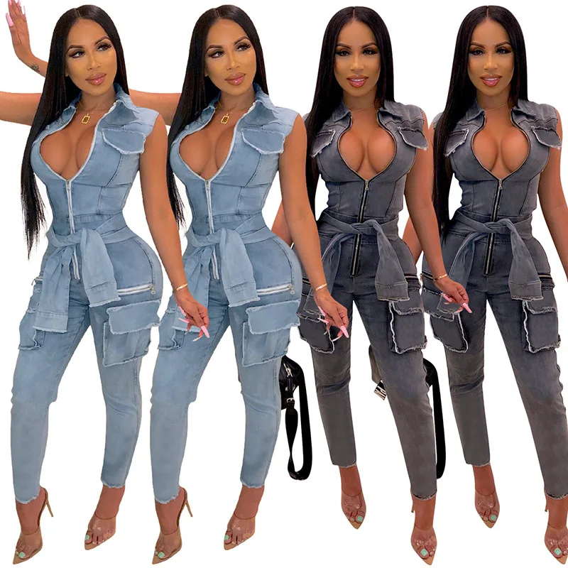 Echoine Fashion Sleeveless Jumpsuit Front Tie With Zipper Turn Down Collar Long Rompers Womens Jumpsuit Overall Echoine Fashion Sleeveless Jumpsuit Front Tie With Zipper Turn Down Collar Long Rompers Womens Jumpsuit Overall