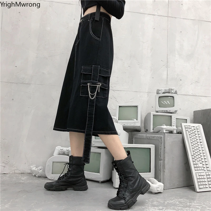 

Plus Size Korean Black High Waist Cargo Pocket Pin Chain Ribbon Vintage Gothic Denim Skirt Sexy Elegant Midi Long Harajuku Punk