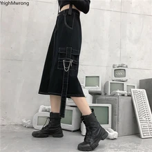 Большие размеры корейский стиль черная высокая талия накладной карман булавка цепь лента винтажная Готическая Джинсовая юбка Сексуальная элегантная миди длинная Harajuku панк