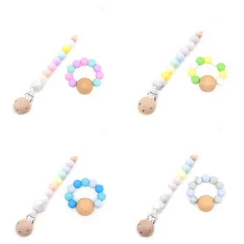 

Baby Molar Bracelet Pacifier Chain Clip Set Infants Silicone Beads Wooden Rings Pacifier chain set baby shower gift