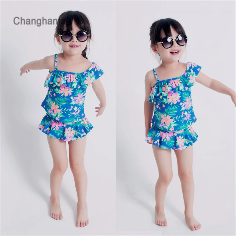 Купальный костюм из двух предметов для маленьких девочек, темно-синий с цветочным узором, для детей 2-8 лет, Детские танкини, детский пляжный купальный костюм, детская летняя одежда