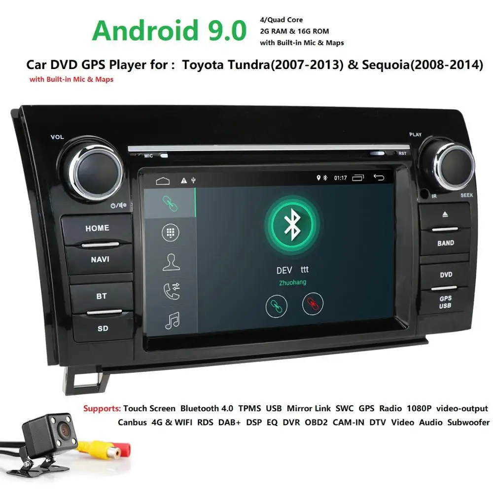 Excellent Android 9.0 Car DVD Player For Toyota Tundra 2007-2013/ Sequoia Stereo GPS DAB+SWC RDS DVR DVBT BT 4GWIFI CAM MAP QuadCore 2GRAM 1
