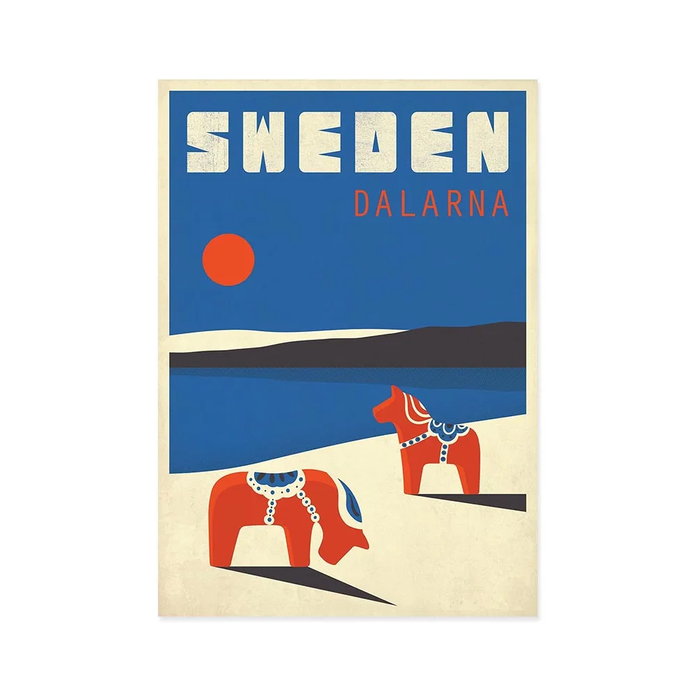 Швеция даларна Ретро Художественный принт Дала лошадь животное пейзаж скандинавском стиле настенные украшения дома Скандинавия путешествия плакат подарок