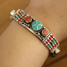 BR457 Непал, Индия ювелирные изделия для женщин Браслет-манжета медь бирюза коралловый камень застежка браслет