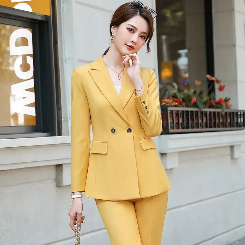 IZICFLY New Fashion Uniform Styles Autumn Yellow Woman Pantsuits Korean Ladies Novelty Business Blazer and Trouser Two Piece Set