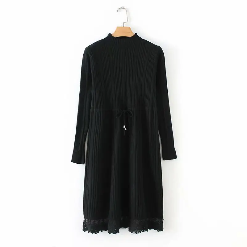 

Europe And America 2018 Winter New Style WOMEN'S Dress Versitile Fashion Explicit Lace Black Joint Lace-up Waist Hugging Dress