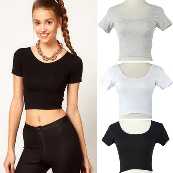 

Summer Short Sleeves Sexy Women Basic Tees Tops Cropped T-shirt solid color Short sleeve short Navel T-shirt#25