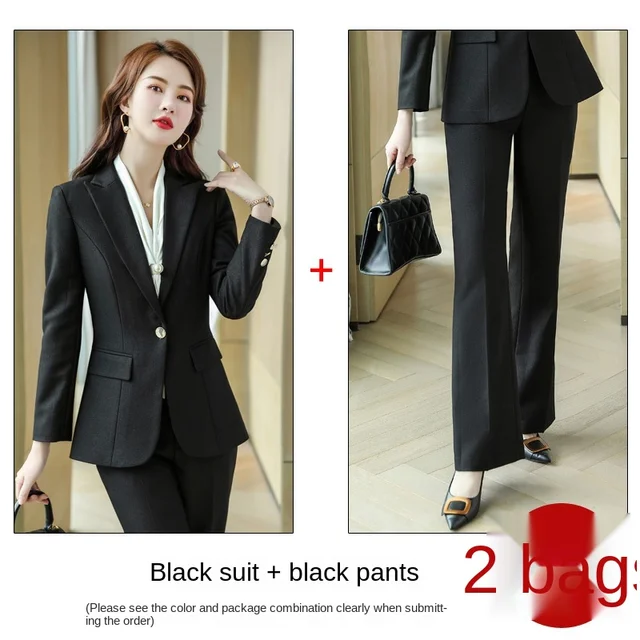 2021 New Year High-quality Professional Wear Plus Size Women's Casual Office Long-sleeved Suit High-waist Trousers 2-piece Set Black