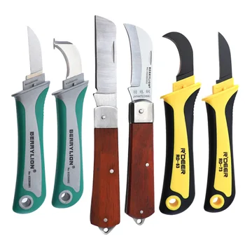 

Straight Curved Hook Electrician Knife Sharp Edge Wire Stripper Foldable Wooden Handle Cable Stripper Knife Hand Tool