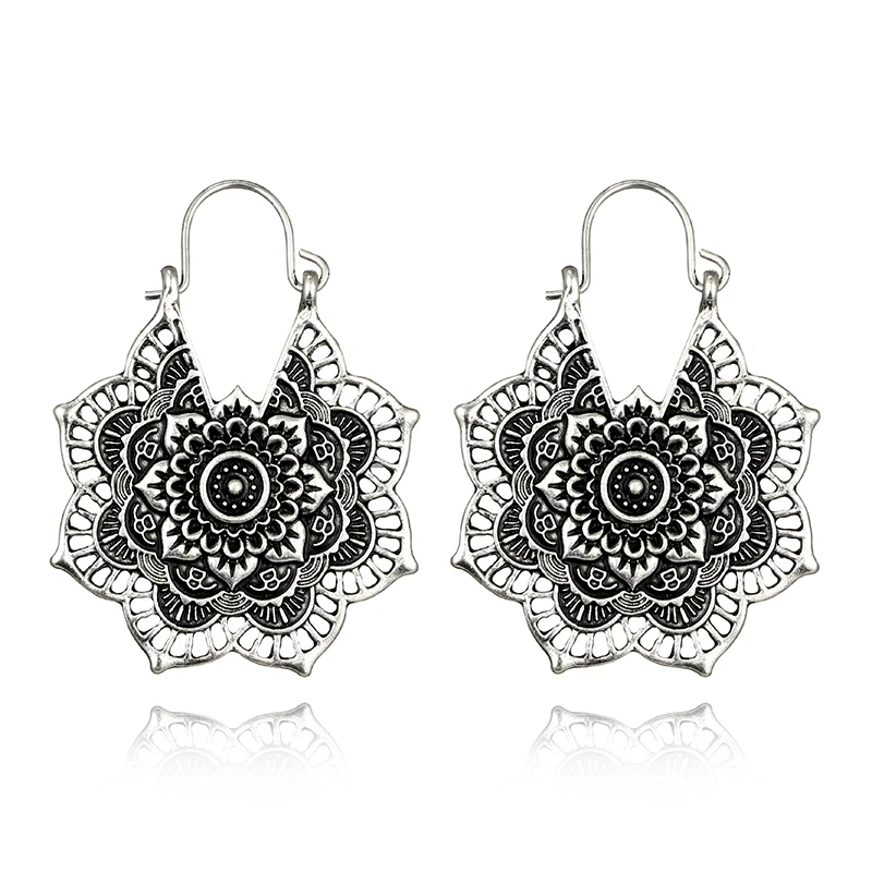 Vintage Antique Silver Earrings 15 Style Hollow Carve Flowers Gypsy Tribal Ethnic Dangle For Women
