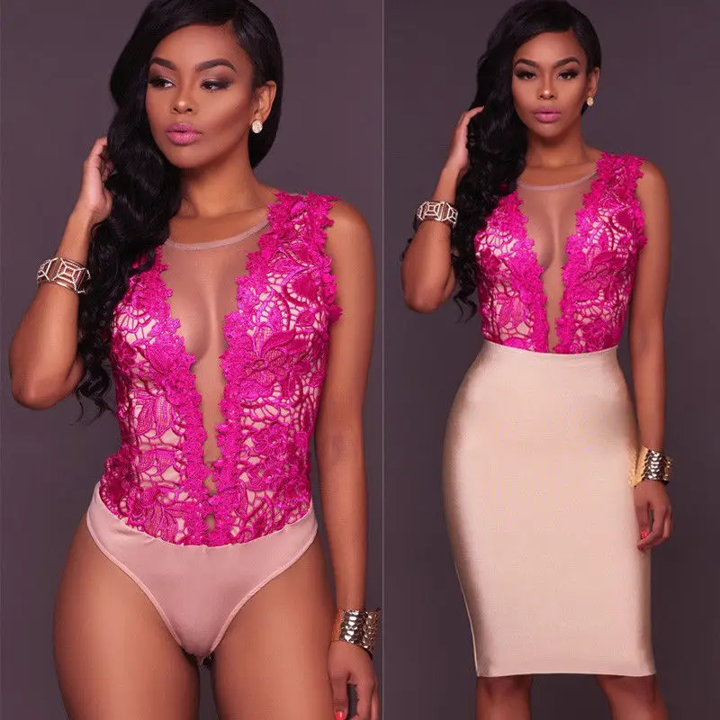 Hirigin Sexy One Piece Swimsuit Women Lace Mesh V Neck Push-Up Bandage Monokini Bathing Suit Beachwear Sport Bodysuit Swimwear