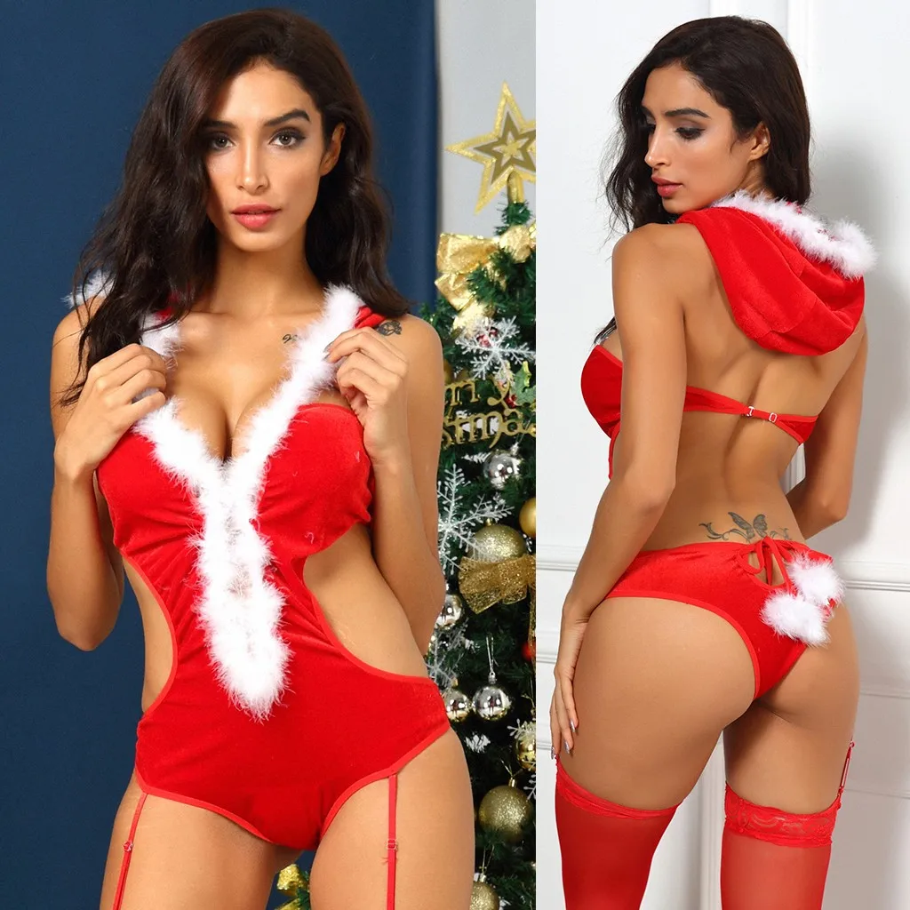 Рождественский сексуальный наряд красный Navidad Babydoll комплект нижнего белья для