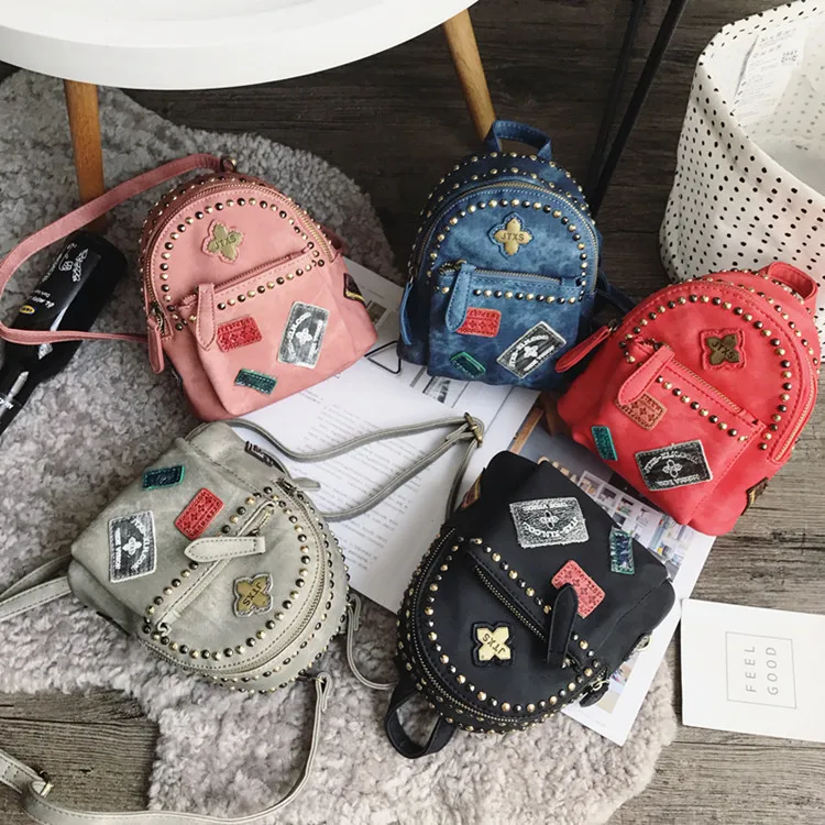 

Mini Backpack Female Rivet Trend Badge Denim College RIVET Backpack Women Drop Shipping Leather School Travel Bag Vocation