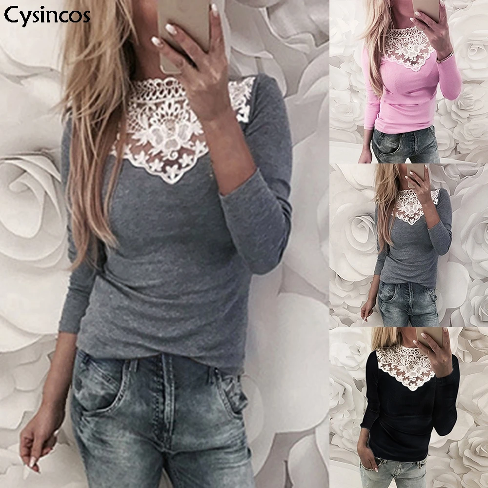 Cysincos Женская кружевная блузка рубашка мода 2019 весна-осень сексуальные белые