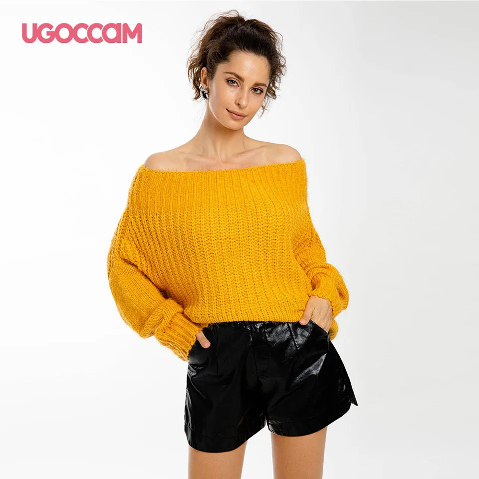 

UGOCCAM Women Sweater Off The Shoulder Autumn Yellow Solid Batwing Sleeve Knitted Female Tops Long Sleeve Pullover Sweaters