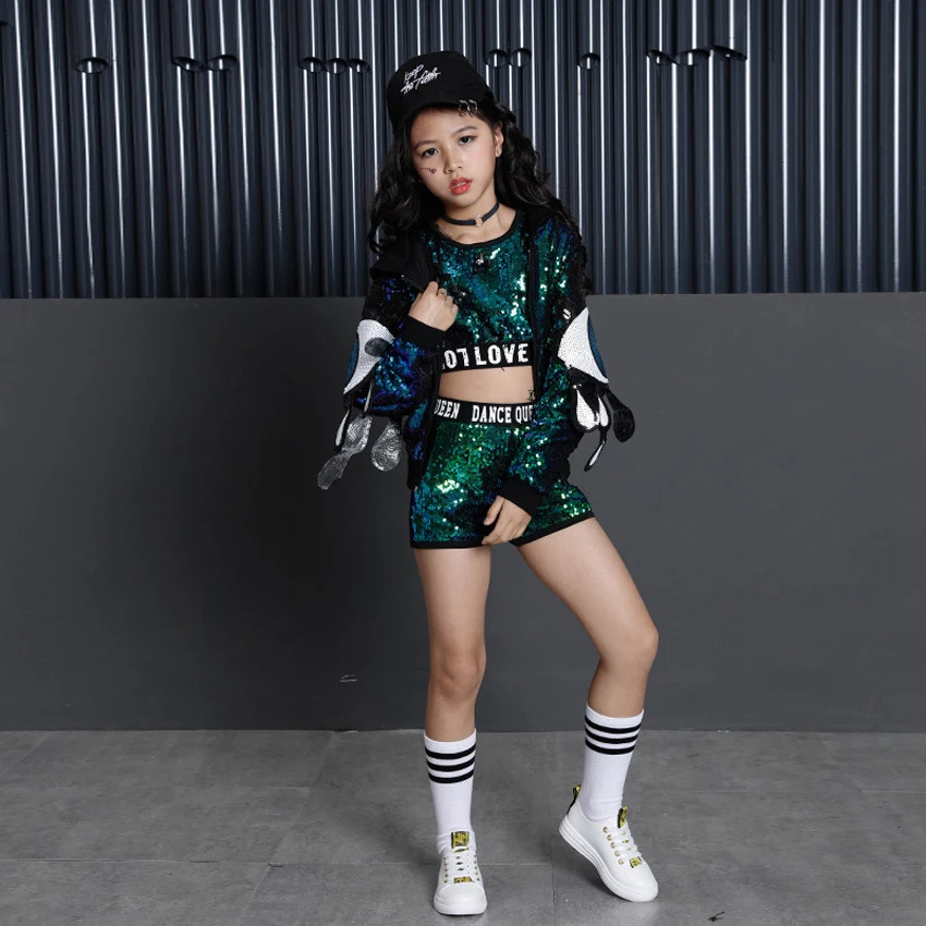 Korean Style Fancy Kids Student Girls Ballroom Jazz Dance Costumes Hip Hop Street Wear Big Eyes Sequin Jacket Clothing Set