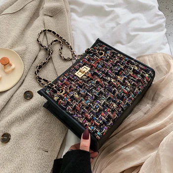 

Female Chain Tote Bag 2020 Winter Fashion New High Quality Woolen Women's Designer Handbag Contrast color Shoulder Messenger Bag