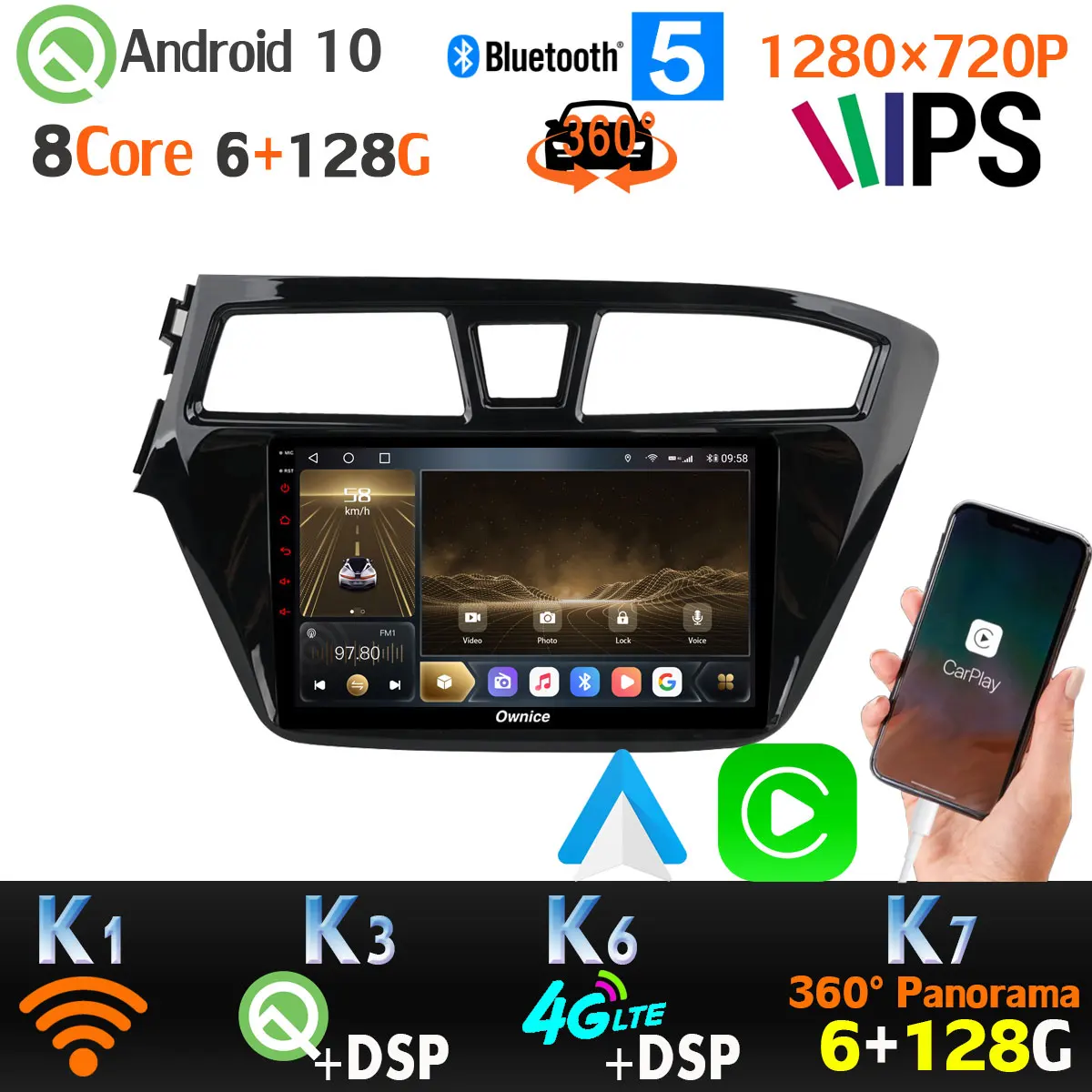 Автомобильный мультимедийный плеер 6 + 128G 1280*720 Android 10 для Hyundai i20 2014-2018 GPS-навигация