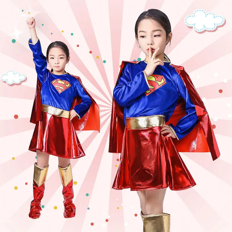 

Halloween Cosplay Kid Girls Clothes Superwoman Transforms Dress Matching Cloak Shoe Cover Carnival Role Play Prom Gown Costume