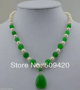 Free Shipping Wholesale&gt&gt&gt18 &quot7-8mm pearl + Green jade water droplets bead necklace pendants | Украшения и аксессуары