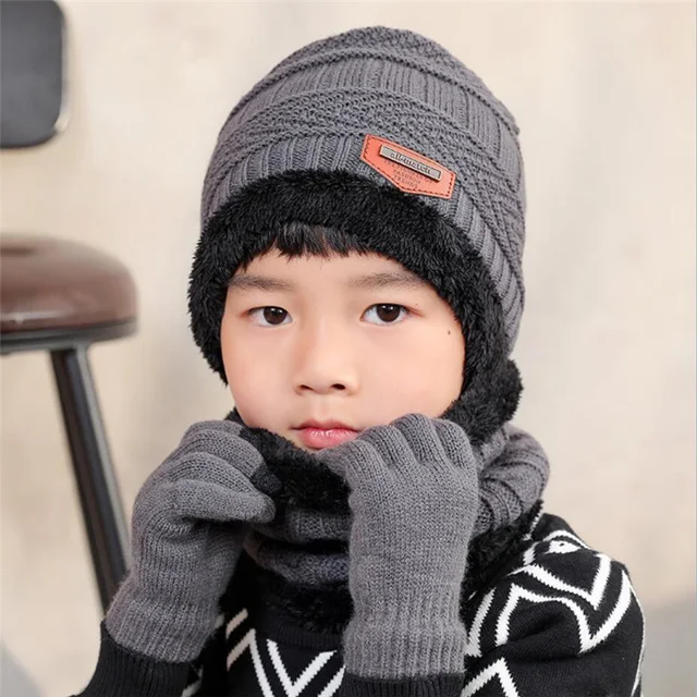 2019 Child Winter Knitted Hat And Scarf Gloves Set Boy Girls Warm Plush Hat 3 Piece Sets Kids New Outdoor Ski Cap Scarves Solid 1