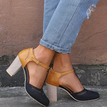 

Mixed Colors Retro Fashion Square Heel Pumps For Women High PU Shallow Buckle Ladies Pumps Office Lady Summer Single Shoes