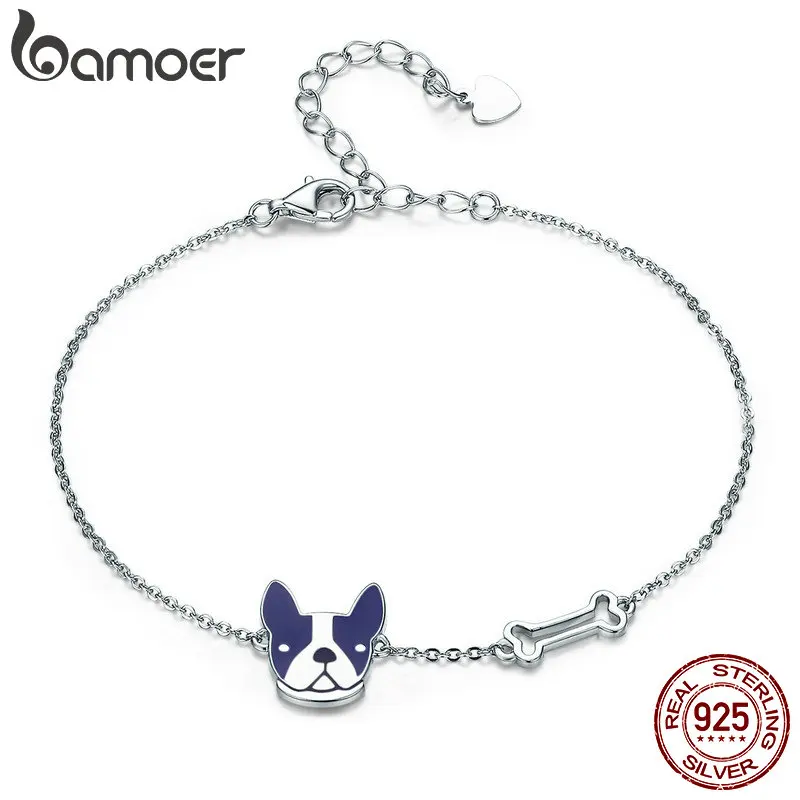Tanie BAMOER gorąca sprzedaż 100% 925 Sterling Silver buldog francuski i pies kości Lobster Chain Link kobiety bransoletka biżuteria srebrna SCB064