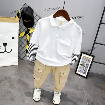 

2PCS WLG Boys Clothing Set Kids Patchwork White Green Blue Striped T Shirt and Khaki Pant Set Baby Boy Fashion Clothes 2-6 Years
