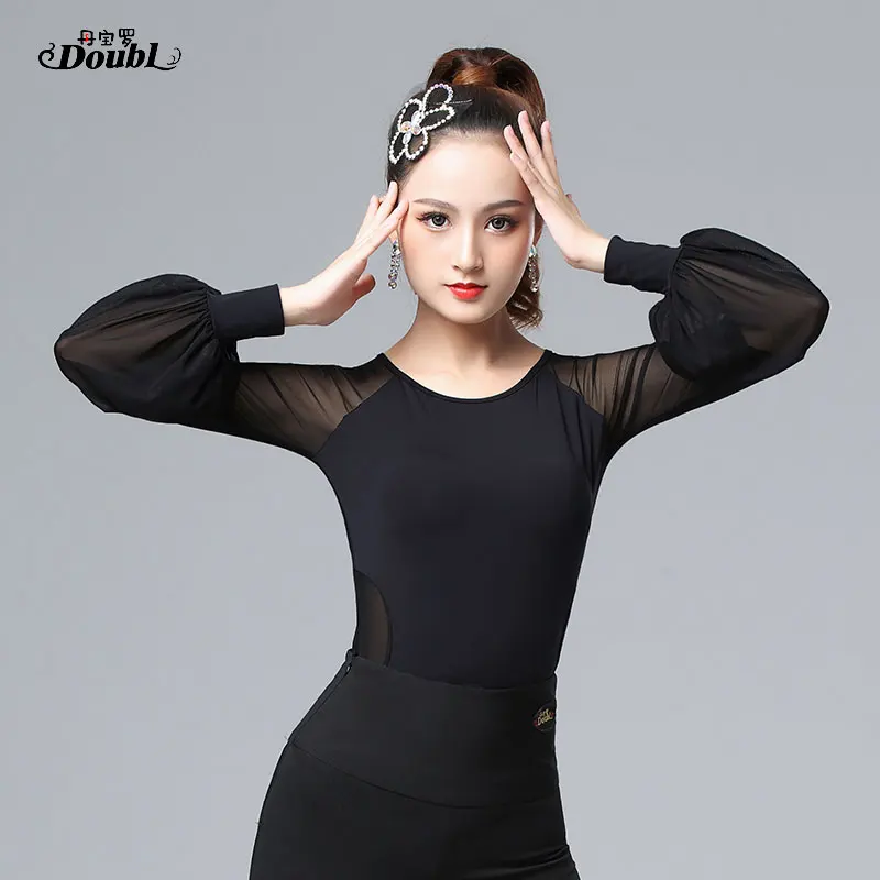 DOUBL7 Latin Dance Top Women's Long Sleeve Adult Dance Workout Clothes National Standard Dance Black Waltz Costume Modern Lace