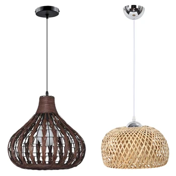 

2Pcs Vintage Woven Pendant Lamp Natural Bamboo Rattan Chandelier Lampshade - Brown & Bamboo Wood