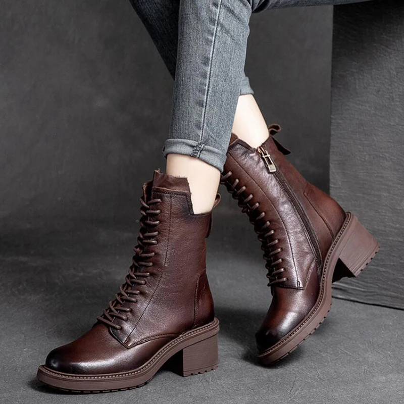 Women Ankle Boots Cow Leather Autumn Winter Square Med Heel Lace Up Zipper Pumps Size 35-40