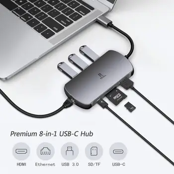 

USB C Hub 8-In-1 Type C Hub with Ethernet Port, 4K USB C to HDMI, 2 USB 3.0 Ports, 1 USB 2.0 Port, SD/TF Card Reader, USB-C Power Delivery, Portable for Mac Pro and Other Type C Laptops