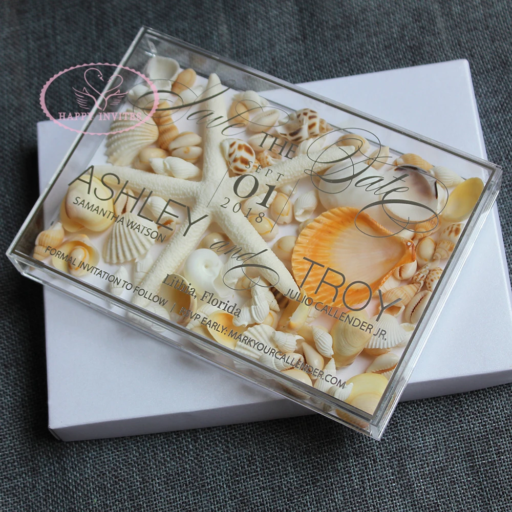 

Free Shipping HI4086 Custom Clear Acrylic Box Wedding Invitation with Natural Starfish Shells Conches Decorations Made in China