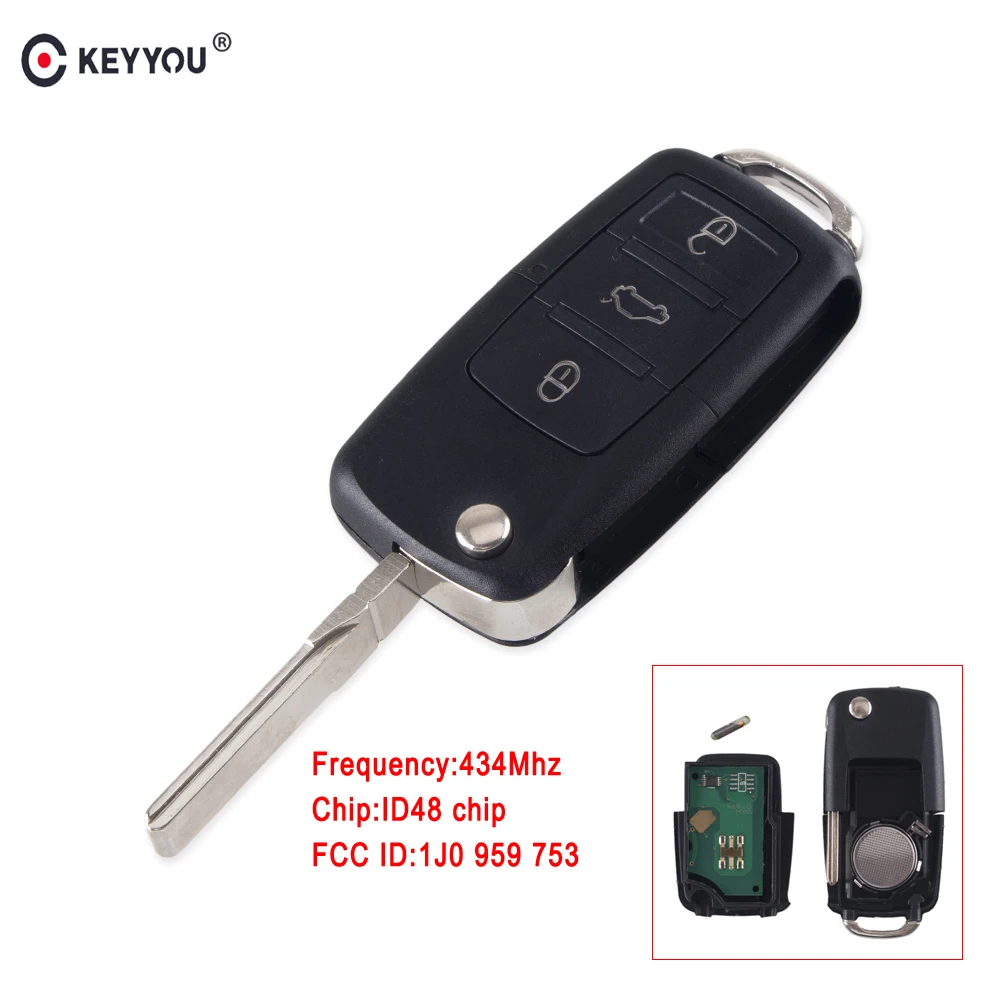 KEYYOU 3 кнопки Filp дистанционный ключ для vw skoda seat Roomster Fabia 1J0 959 753 DA автомобильные ключи дистанционное управление 434 МГц с чипом ID48