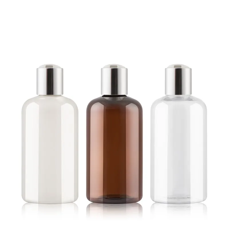 20pcs 250ml brown/clear empty plastic PET bottle packaging Silver Disc Top Cap Cosmetics Liquid Soap Bottles Shampoo Lotion