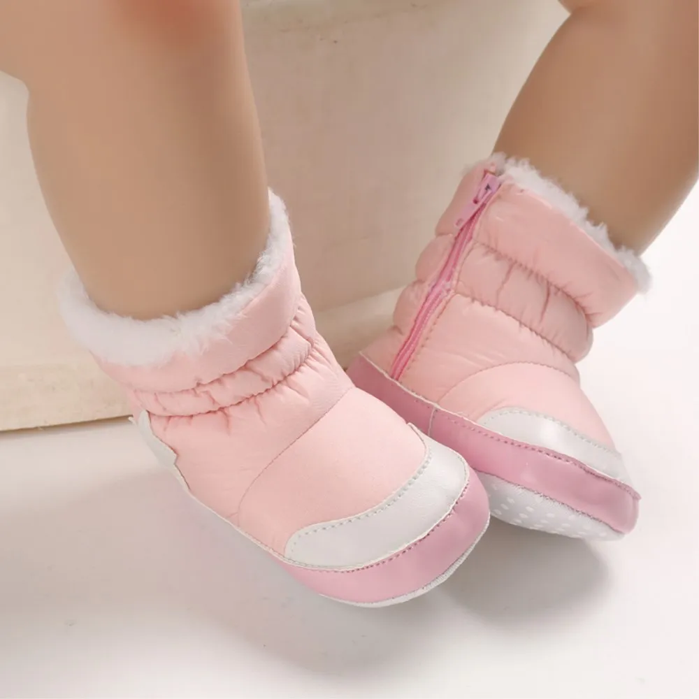 Мягкие ботиночки для маленьких мальчиков и девочек; модные базовые Зимние ботиночки в стиле пэчворк; Теплая Обувь для новорожденных - Цвет: Розовый