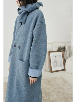 

Winter Long Coat with Scarf Women V Neck Single Button Solid Color Flecee Fleece Outwear Ladies Elegant Casual Loose Maxi Coats