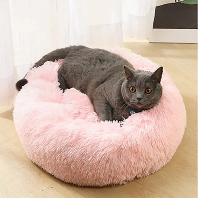 Круглые плюшевые кровати для кошек, круглая кровать для собак, для маленьких собак, кошек, мягкая длинная плюшевая кровать для кошек, зимнее теплое спальное место, коврик для щенка