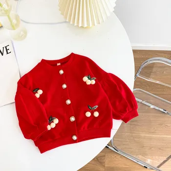 

2020 Autumn Children Baby Sweaters Red Plush single-breasted knitting Tops Kids Puff Sleeve Coat Children's Clothing 1-6 Y